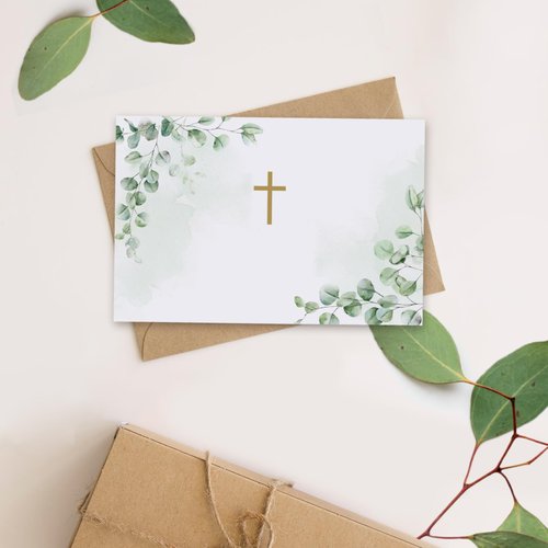 CYGGUN 25 Pack Religious Blank Cards with Envelopes, 4 x 6 Inch Cross Watercolor Eucalyptus Leaves Greeting Card with Envelopes for Baptism, Prayer, Christening, Wedding, First Communion