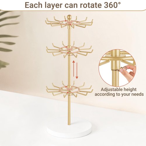 Mkono Bracelet Holder Gold Metal Rotating Bracelet Display Stand 3 Tier Jewelry Tower rack with 36 Hooks and Wood Base Modern Adjustable Storage Organizer Tree for Selling KeyChain Bangle Accessories
