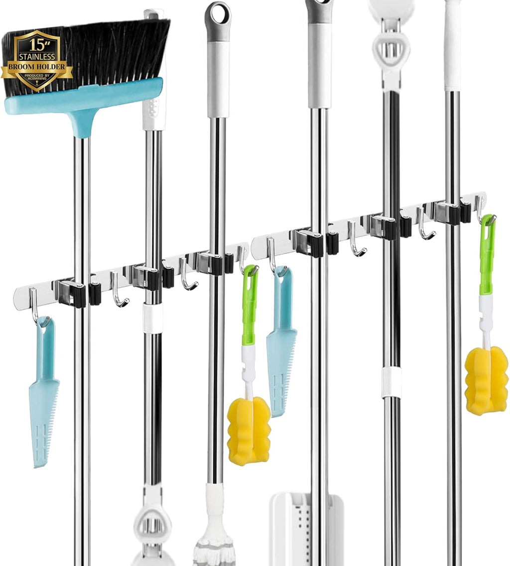 Skiennix Broom and Mop Holder - Wall Mounted Garage Organizer with 5 Racks & 4 Heavy-Duty Hooks