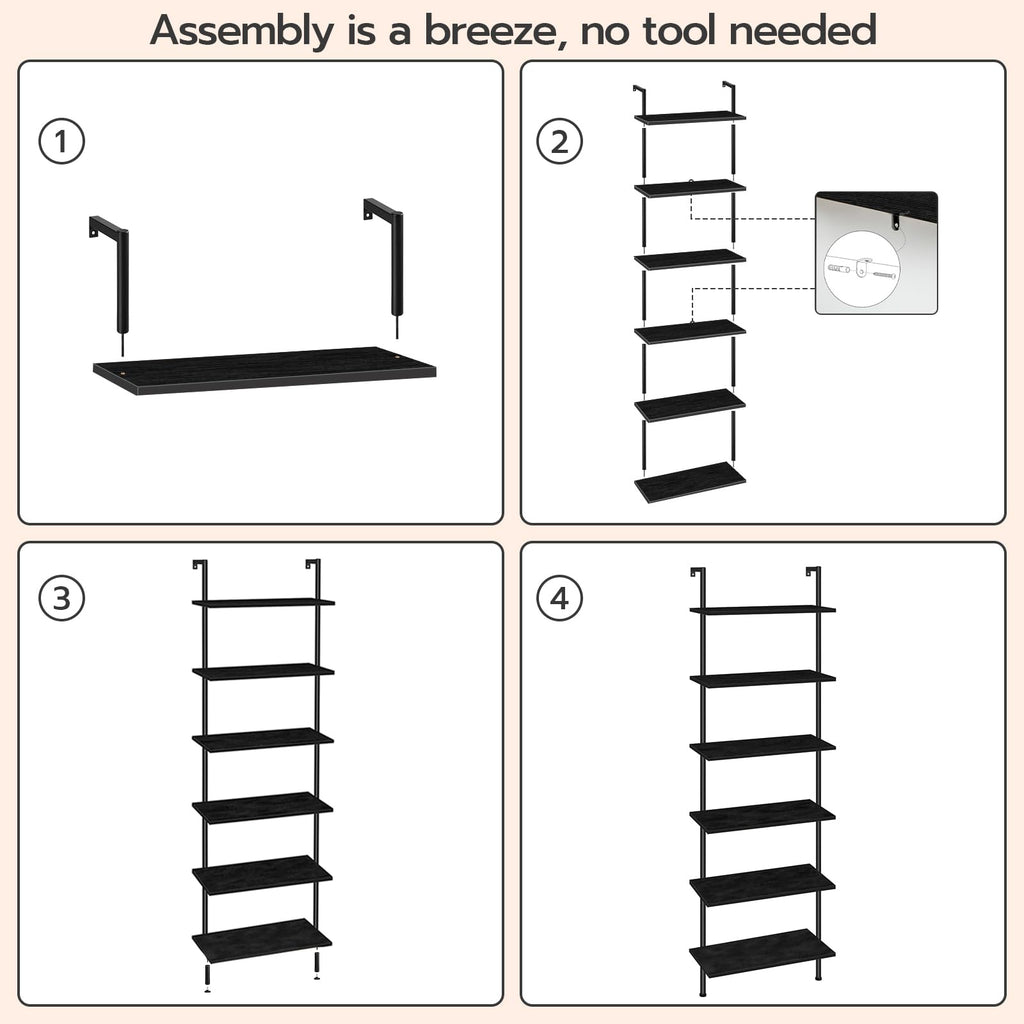 HOOBRO DIY Ladder Shelf, 6-Tier Wall Mounted Bookshelf, Office Vertical Bookcase, Wooden Storage Shelves for Home Office, Bedroom, Black BB65CJ01