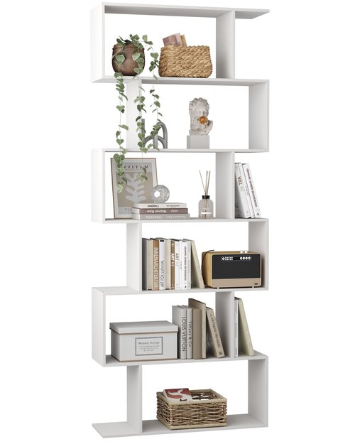 Yusong S Shaped Bookshelf, Modern Geometric Bookcase, 6-Tier White Display Case Book Shelf