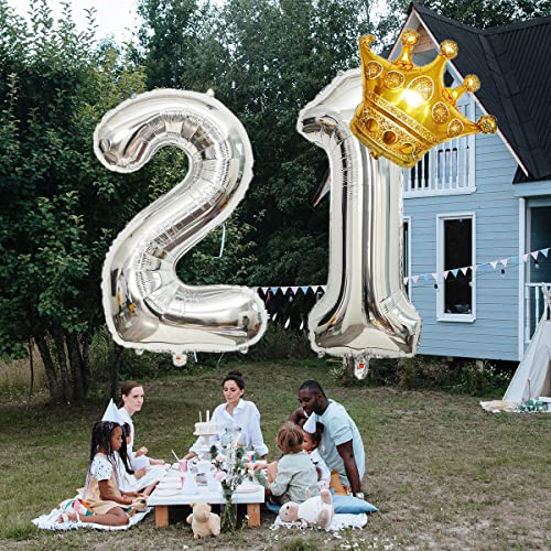 32 Inch Silver Number 21 Foil Balloon with Mini Crown - Birthday Party Decor