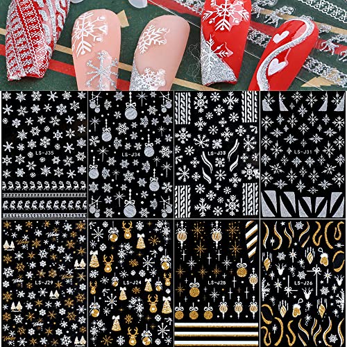 Christmas Nail Art Stickers 8 Sheets - 3D Self-Adhesive Snowflake Decals