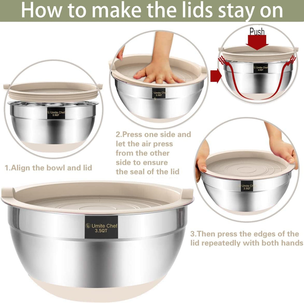 Umite Chef Mixing Bowls - 6-Piece Stainless Steel Set with Airtight Lids & Non-Slip Bottoms | Khaki
