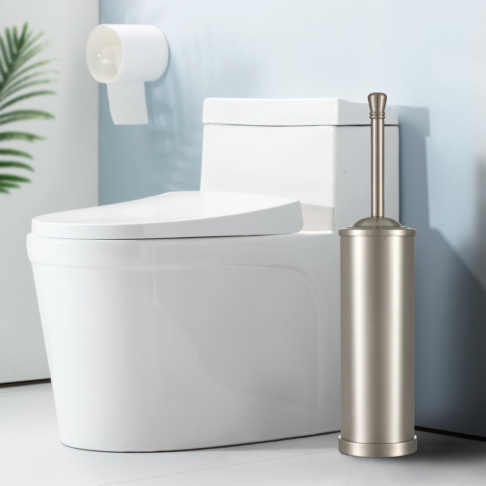 Brushed Nickel Toilet Brush and Holder Set,304 Stainless Steel Toilet Bowl Brush and Holder for Bathroom,Silver Heavy Duty Toilet Brush,Durable Scrubbing Bristles,Splash Resistant,Long Handle