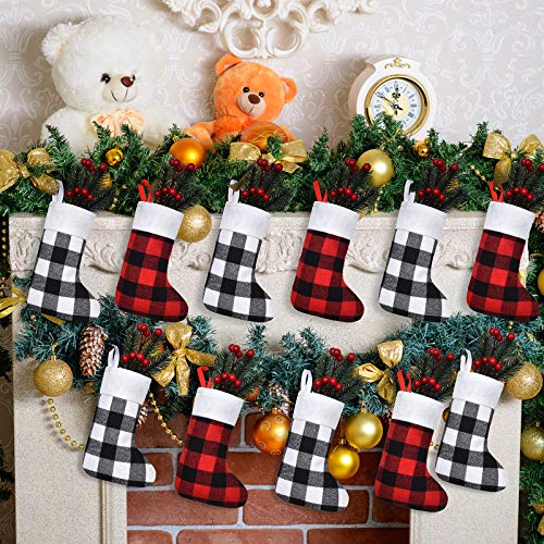 Small Christmas Stockings Set - White Plaid, 24 Pcs, 7 Inch Holiday Decor