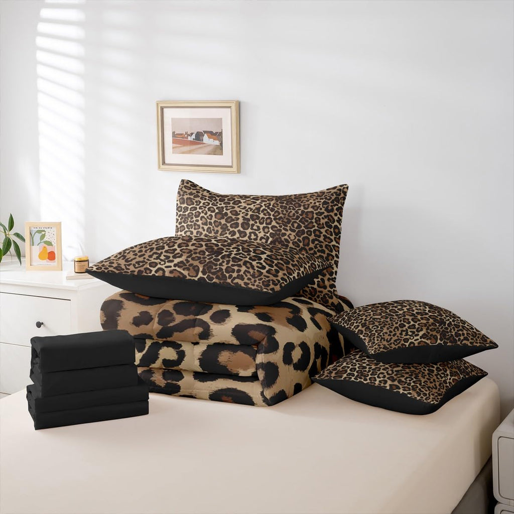 Erosebridal Leopard Print 7 Piece Bedding Set Queen Cheetah Decor Comforter Set with Sheets Geometric Modern Bed in A Bag African Safari Animal Bed Sets with 2 Pillowcases, 2 Throw Pillow Covers