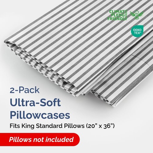 King Standard Pillow Cases - Ultra-Soft Hotel Quality Covers | Fade-Free & Wrinkle Resistant - Grey Stripes - Set of 2