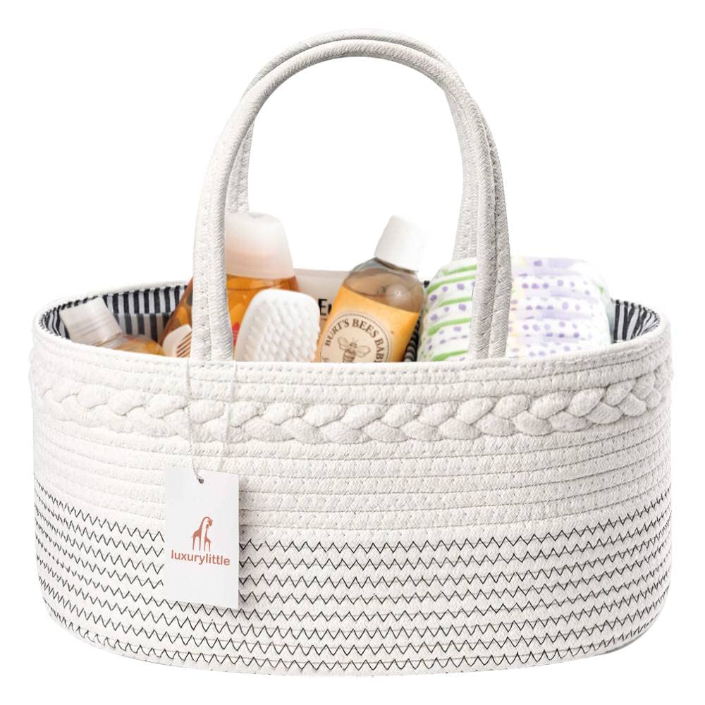 Skiennix Diaper Caddy Organizer - Large Cotton Rope Baby Basket for Nursery & Changing Table (Off White)