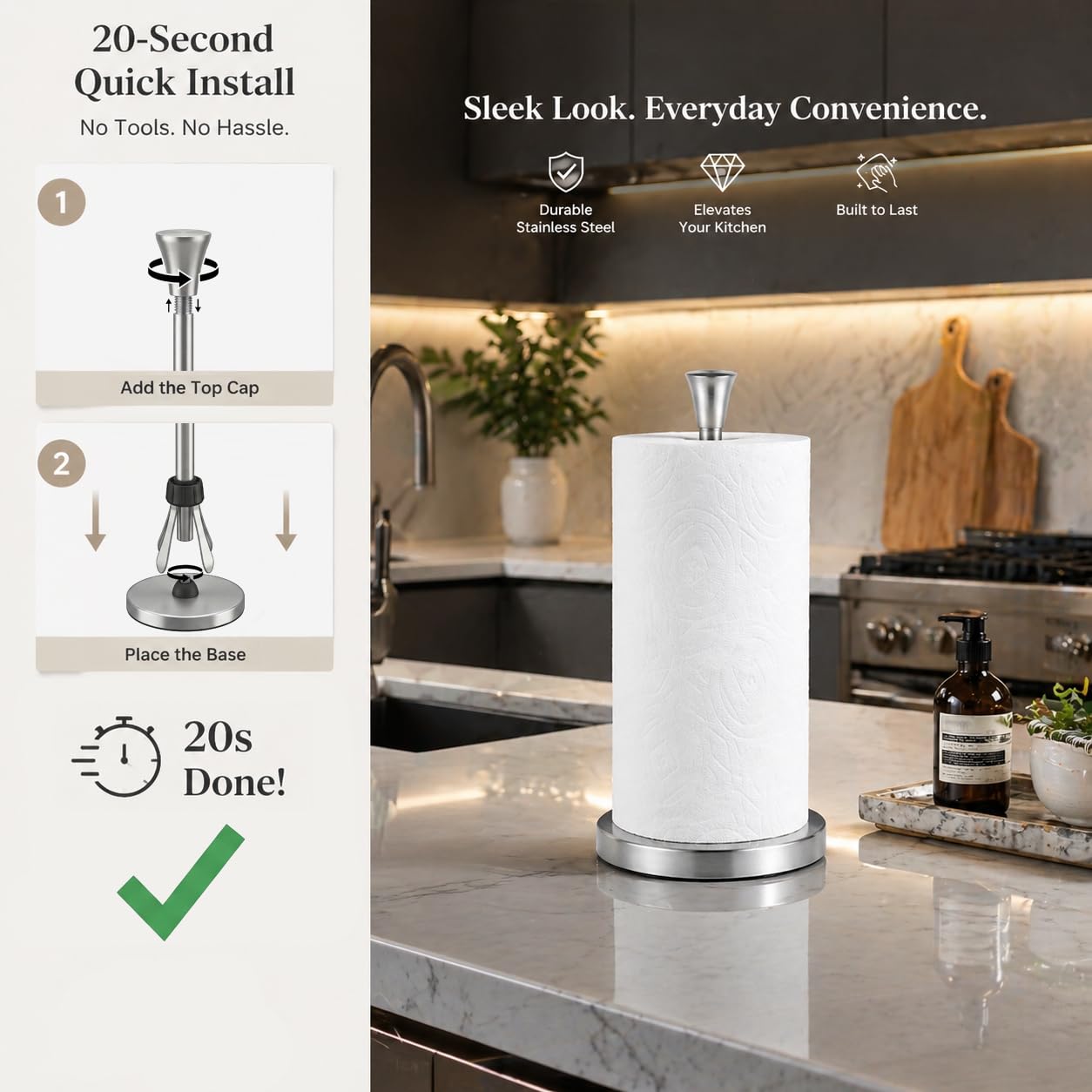 Paper Towel Holder Countertop with Suction Cups - Heavy Duty (2.9 lbs) Stainless Steel Paper Towel Dispenser, One-Hand Tear for Kitchen, Fits Standard & Mega Rolls