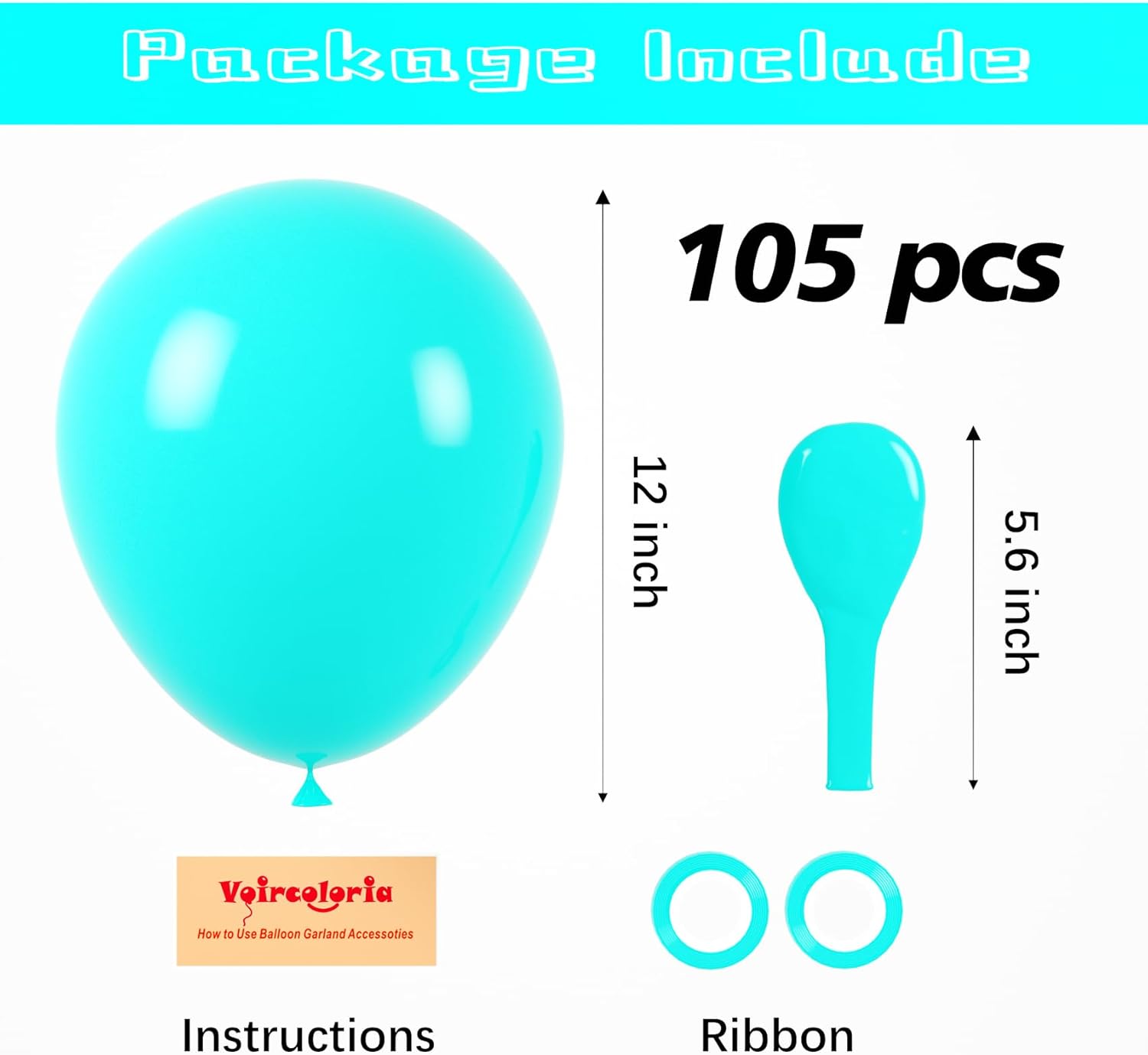 Voircoloria 105-Piece Teal Latex Balloons - 12-Inch Party Decorations for Birthdays, Baby Showers & Weddings