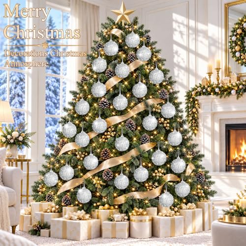 24 Pcs Silver Glitter Christmas Ball Ornaments - 2.36 Inch Holiday Decor