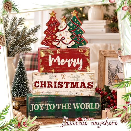 Christmas Wooden Tree Blocks Set - Rustic Indoor Holiday Decor, 4 Pcs, Tree Variation