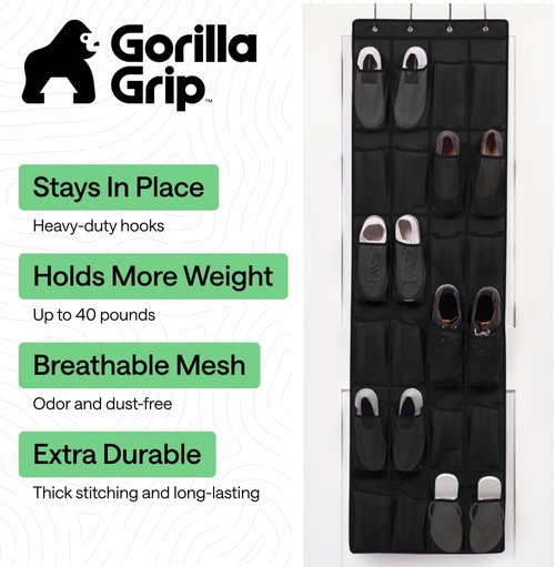 GORILLA GRIP Over The Door Shoe Organizer - 2 Pack With 24 Breathable Mesh Pockets | Space-Saving Storage Solution, Black