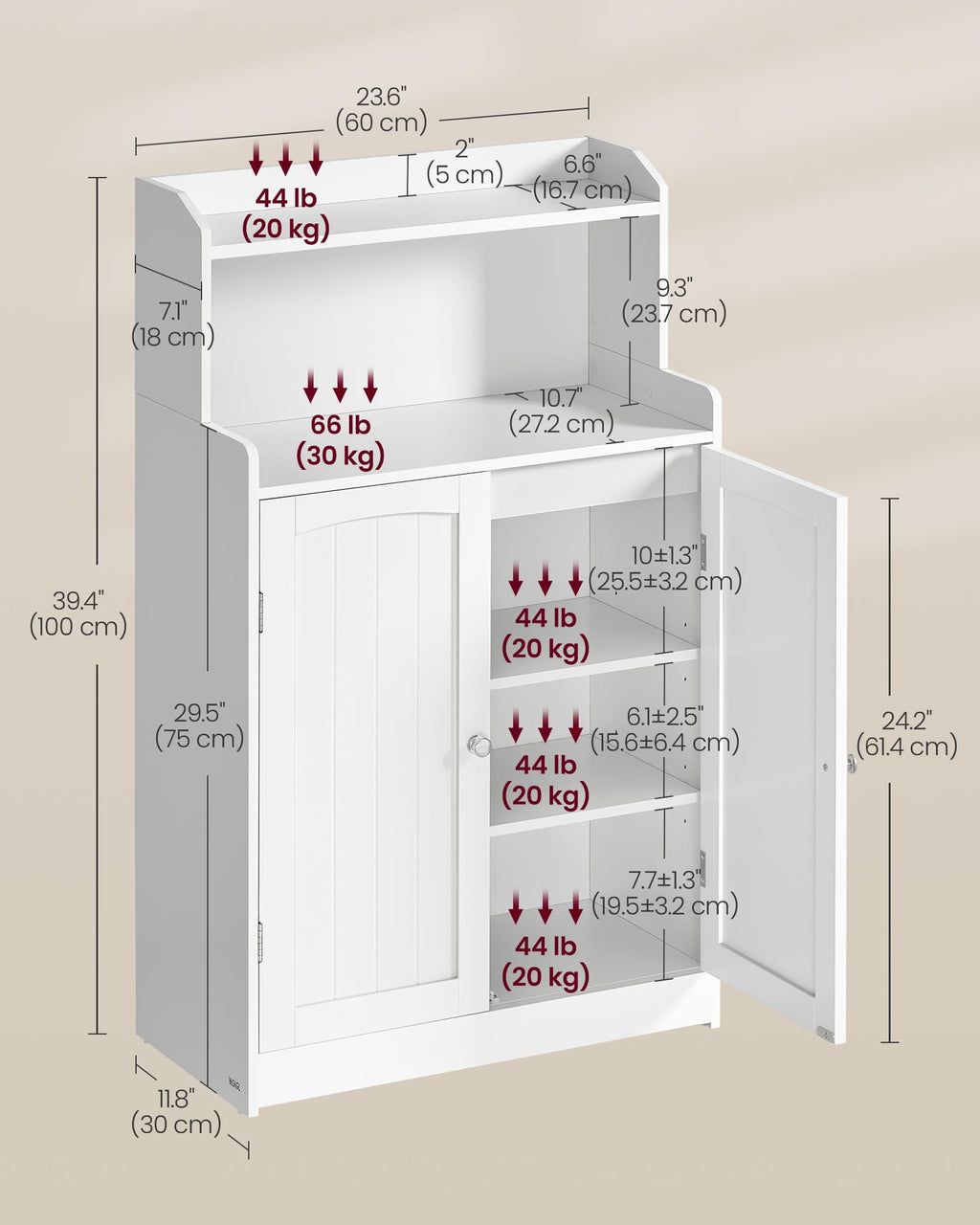 VASAGLE 39.4-Inch Tall Storage Cabinet, Floor Cabinet with 2 Doors, 2 Adjustable Shelves, Freestanding, for Bathroom, Kitchen, Living Room, Cloud White UBBC770W01
