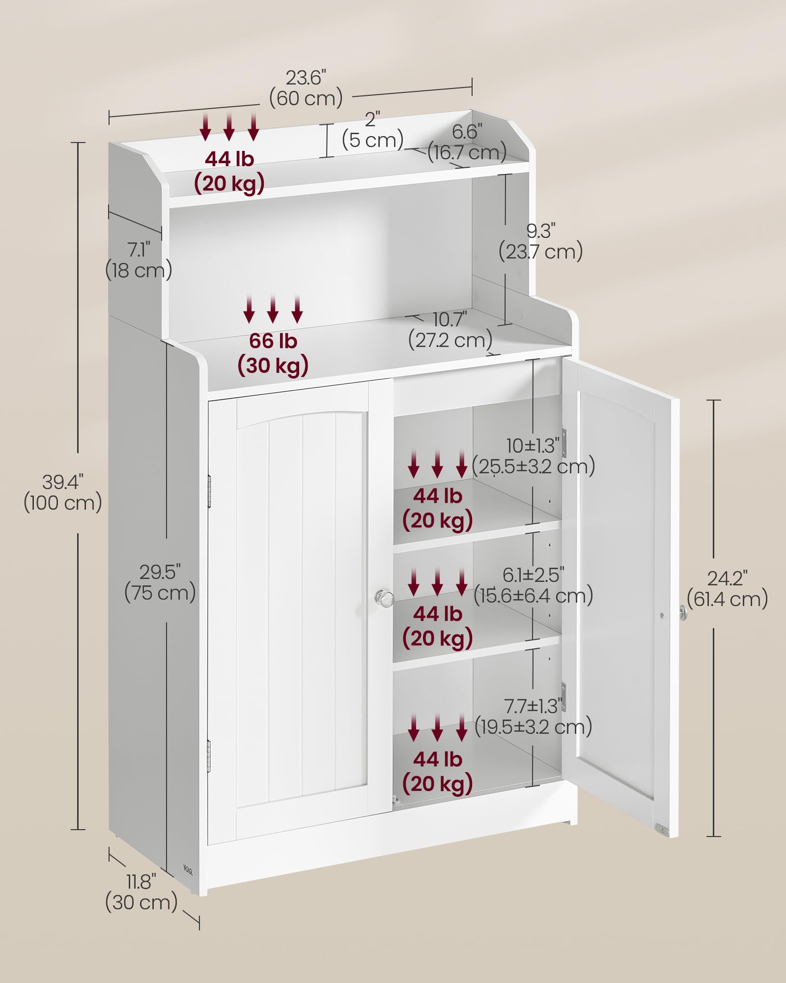 VASAGLE 39.4-Inch Tall Storage Cabinet, Floor Cabinet with 2 Doors, 2 Adjustable Shelves, Freestanding, for Bathroom, Kitchen, Living Room, Cloud White UBBC770W01