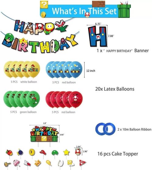FOR Mario Birthday Party Supplies, Party Decorations Set Include Banner, Balloons, Hanging Swirls, Cake Cupcake Toppers, Tablecloth for Boys Girls Mario Theme Party