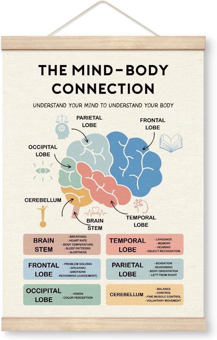 Mind-Body Connection Poster by Therapy Decorations - Educational Canvas with Wood Hanger | Mental Health Decor for Home & Classroom
