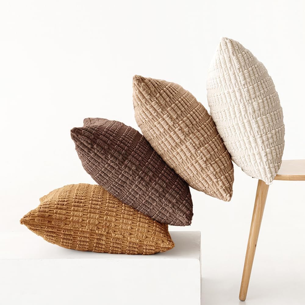 MIULEE Decorative Throw Pillow Covers - Pack of 4 Neutral Corduroy 18x18 Inch for Rustic Farmhouse Decor | Soft Striped Design in Brown
