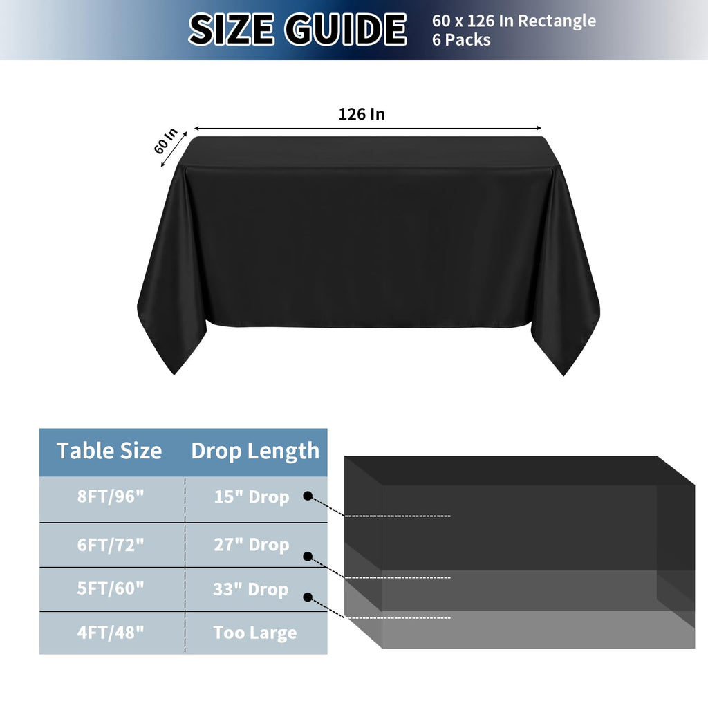 PureFit 6 Pack Rectangle Black Table Cloths 60 x 126 Inch for 6Ft Tables, Stain and Wrinkle Resistant Table Linens for Home Use, Wedding, Party, Banquet and Camping