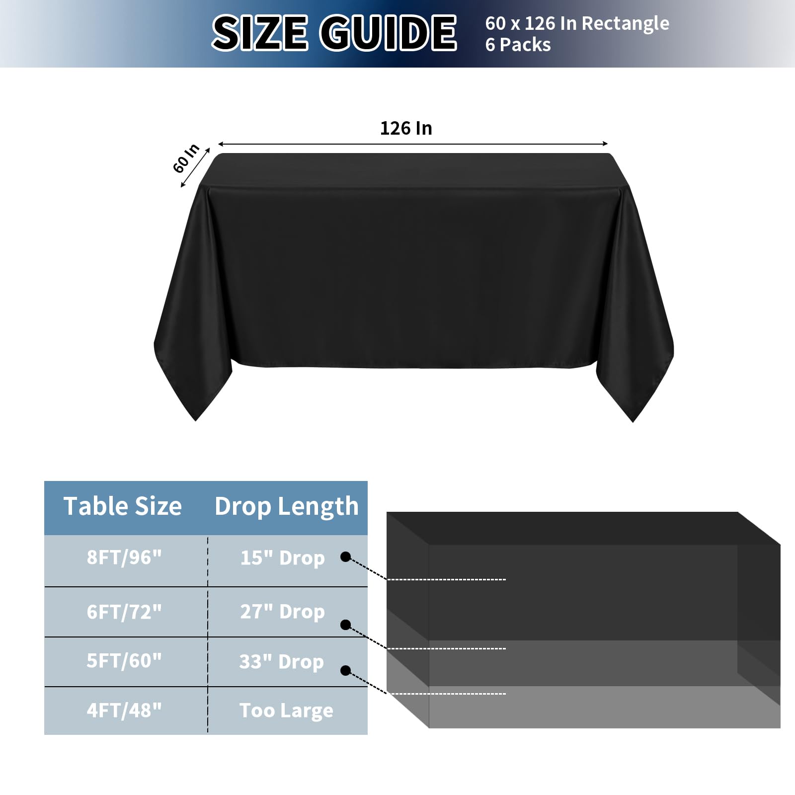 PureFit 6 Pack Rectangle Black Table Cloths 60 x 126 Inch for 6Ft Tables, Stain and Wrinkle Resistant Table Linens for Home Use, Wedding, Party, Banquet and Camping