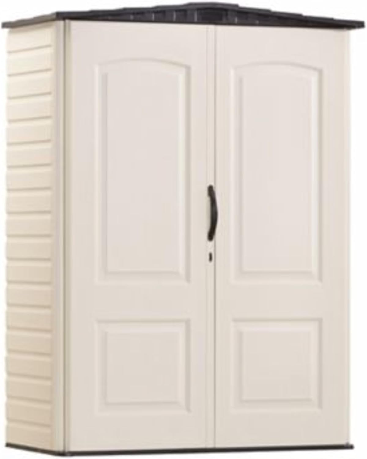 Rubbermaid Small Vertical Resin Outdoor Storage Shed - Weather Resistant, Beige/Brown, 2.3 x 4.6 Ft | Ideal for Backyard, Garden Tools & Patio Cushions