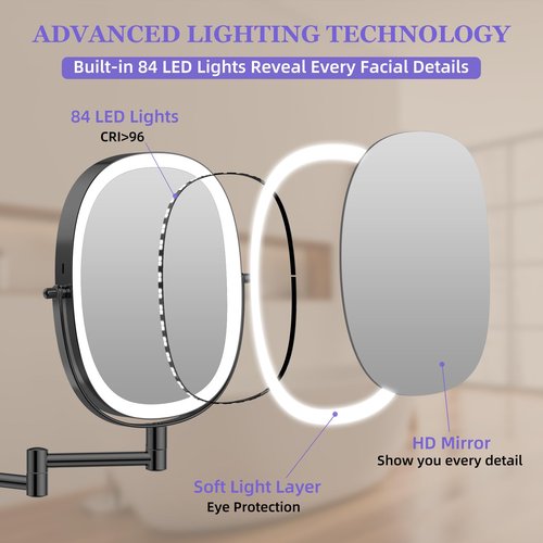 FUNTOUCH 30X/1X Wall Mounted Lighted Makeup Mirror, 5000mAh Rechargeable Oval Double Sided Touch Switch Magnifying Mirror with Light, 3 Color Setting, Extended Arm 360°Swivel Foldable,Black