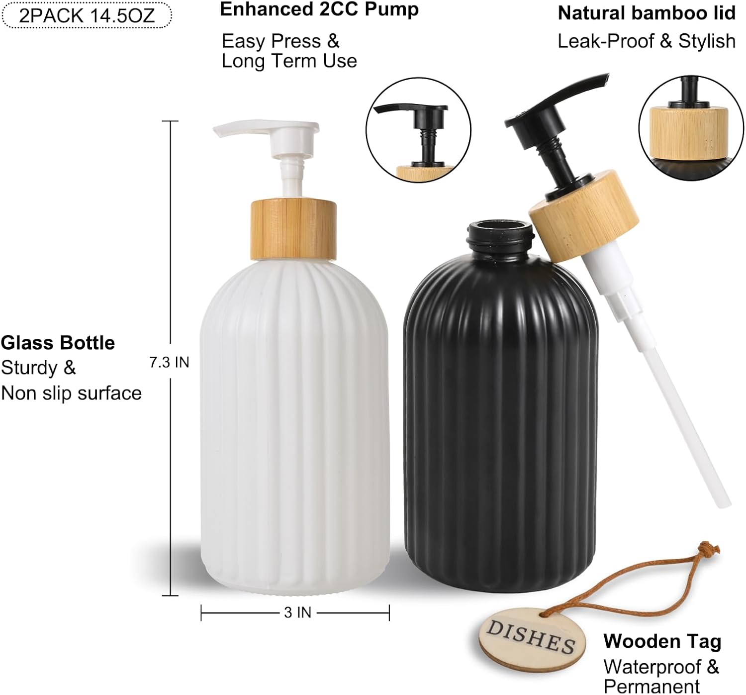 ViserVita Glass Hand Soap Dispenser Set - Elegant Bamboo Pump | 2 Pack for Kitchen & Bathroom Decor