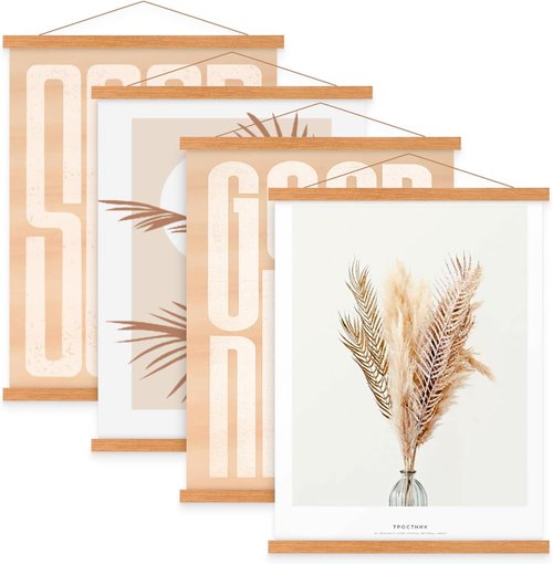 Benjia Magnetic Light Wood Poster Frame Set - 4 Pack for 10x14, 10x15, 10x13 Art Prints | Teak Color