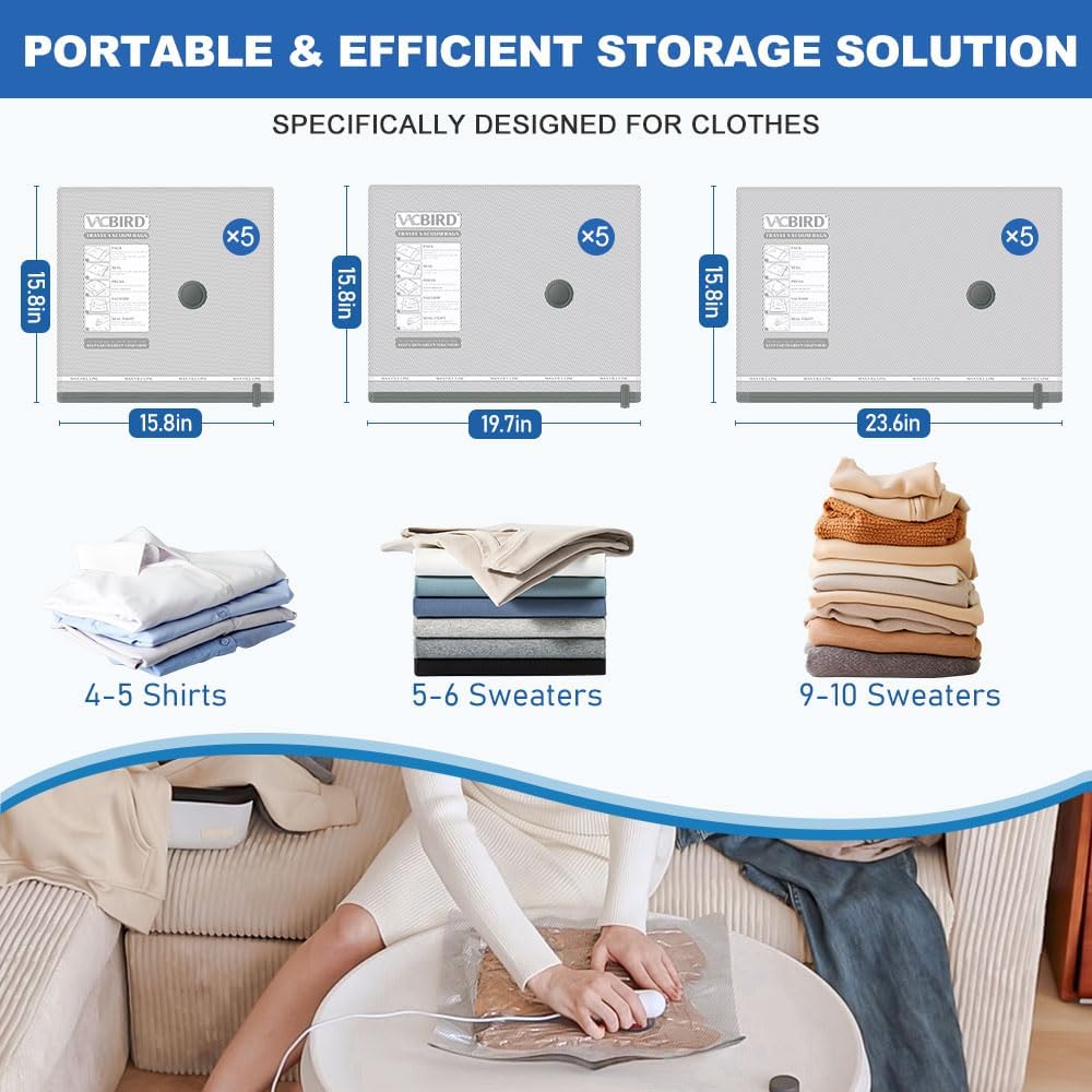 Vacbird Vacuum Storage Bags - 15 Pack Travel Size with USB Pump | Space-Saving Solution for Clothes
