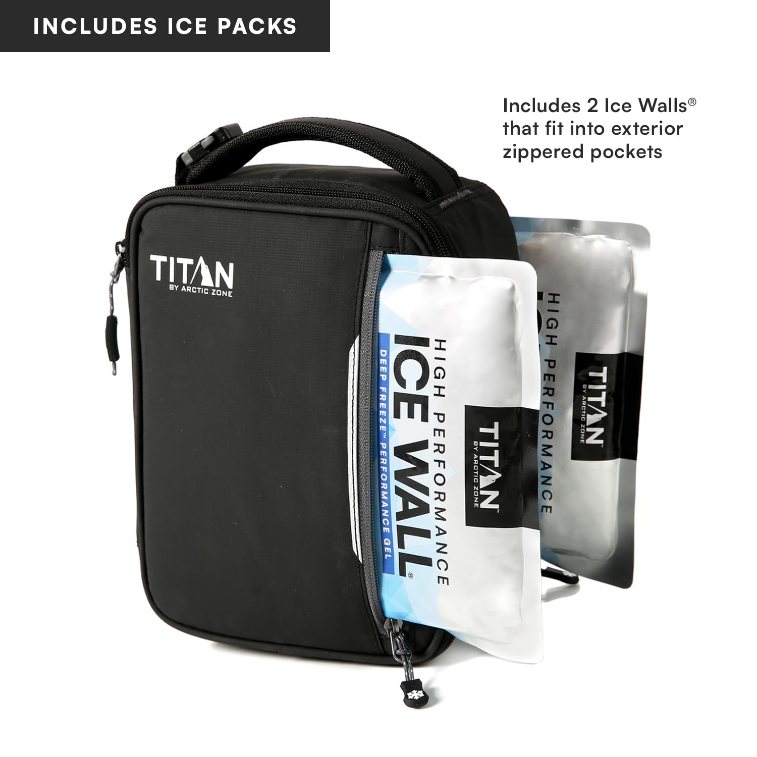 Titan by Arctic Zone Fridge Cold Lunch Box with 2 Gel Ice Packs, Small Insulated Cooler Bag with Leak Proof Lining for School and Work, Black Ice