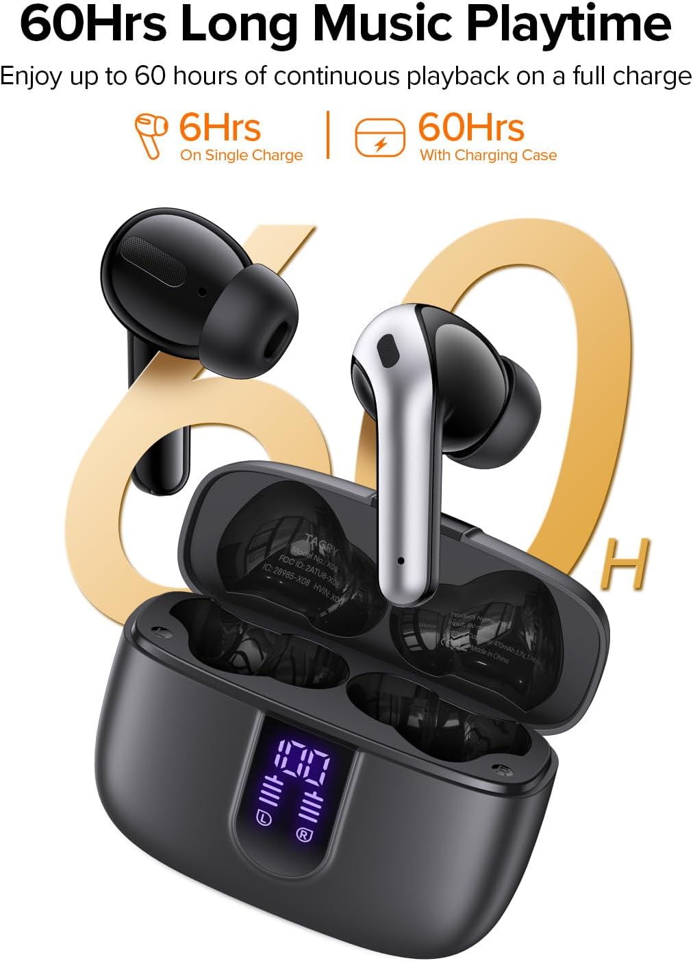 TAGRY Bluetooth Headphones - True Wireless Earbuds with 60H Playback & LED Power Display | IPX5 Waterproof, In-Ear Design for TV & Smartphones