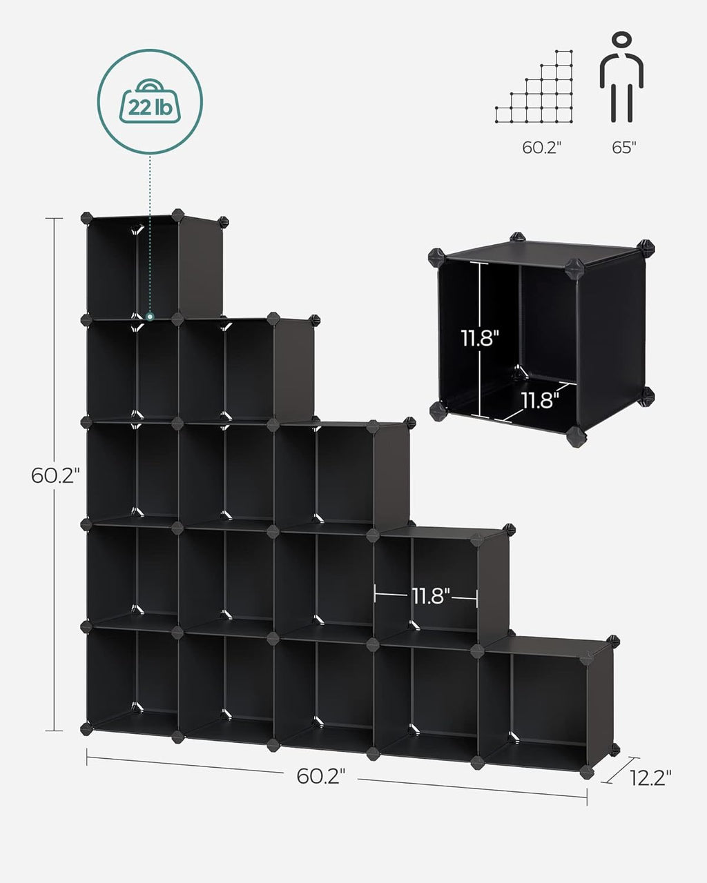 SONGMICS Cube Storage Organizer - Set of 16 Plastic Cubes for Room Organization | Black, 12.2 x 48.4 x 48.4 Inches