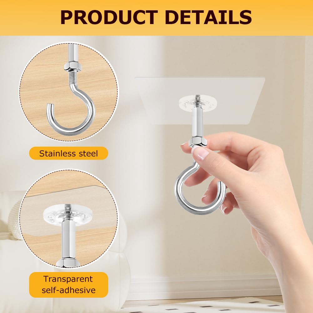YOSINXU 4 Pack Adhesive Ceiling Hooks, 30lbs Heavy Duty Ceiling Hooks for Hanging Plants, No Drilling Wall Hook Sticky Hanger for Hanging Lights, Wind Chimes, Lantern