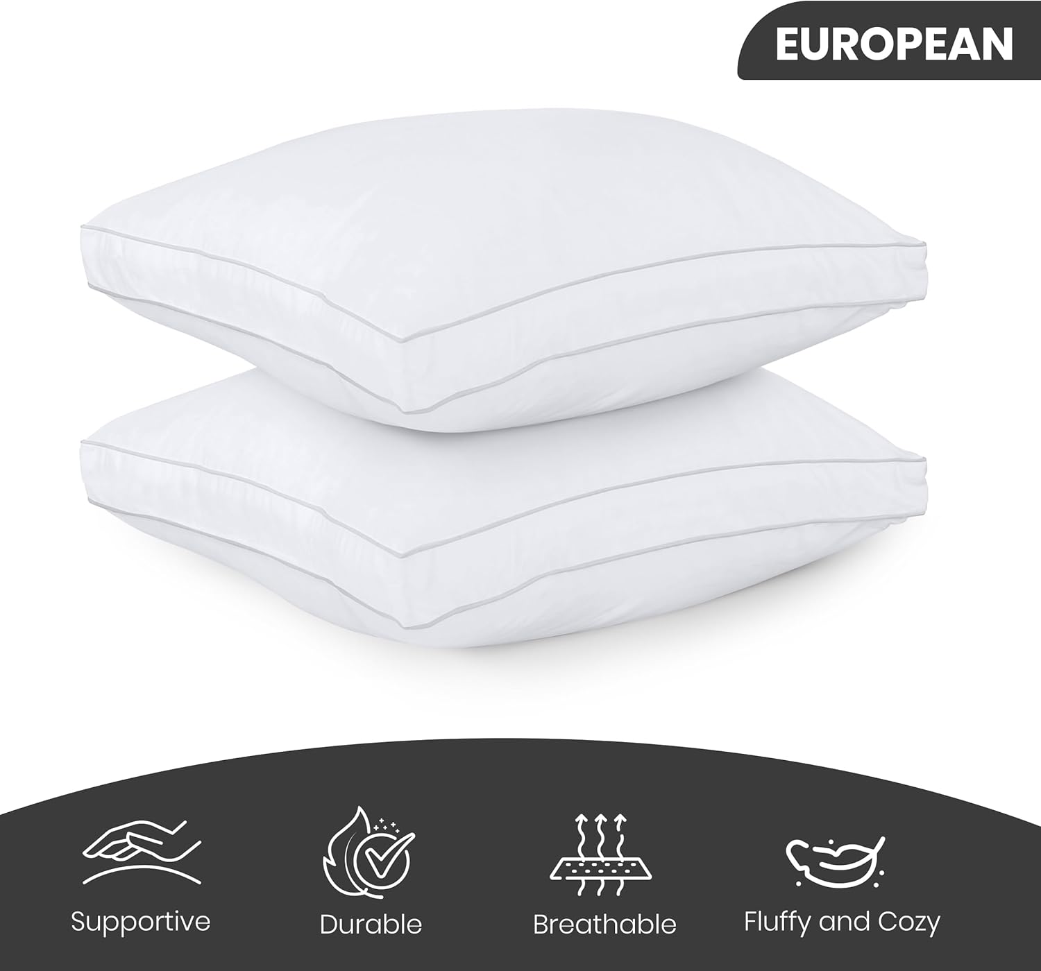 Utopia Bedding Bed Pillows - Soft & Fluffy Down Alternative, European Size, Set of 2 | Cooling Gusseted Design
