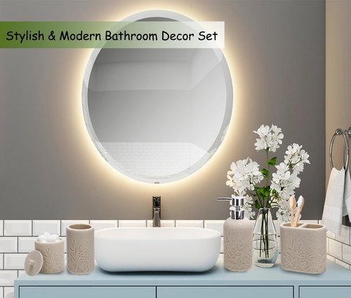 Aksipo Beige Bathroom Accessories Set, 4 Pcs Sturdy Resin Bathroom Accessory Set, Hand Soap Dispenser, Toothbrush Holder Set, Tumbler, Qtip Holder Dispenser, Stylish & Modern Bathroom Decor Set
