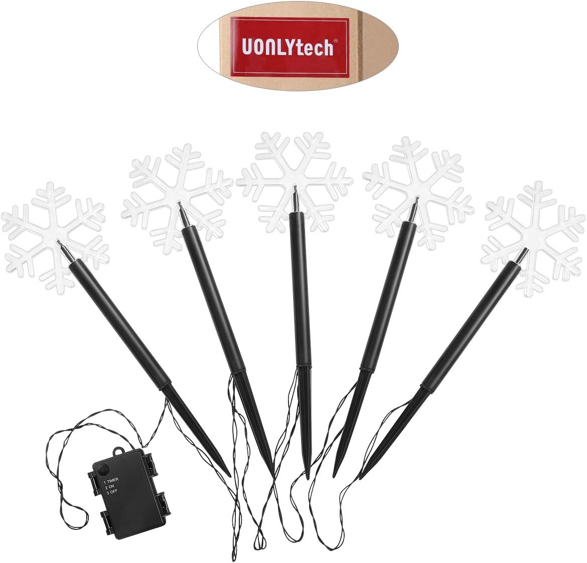 Uonlytech Christmas Snowflake Garden Lights - 5 Pack Battery Operated Waterproof Decor for Patio & Yard