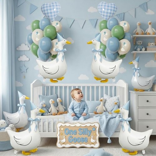 One Silly Goose Birthday Decorations Boy – Goose Balloons with Blue Printed Latex Balloons, Blue Bow & Hats, Cute Baby Boy 1st Birthday Party Supplies