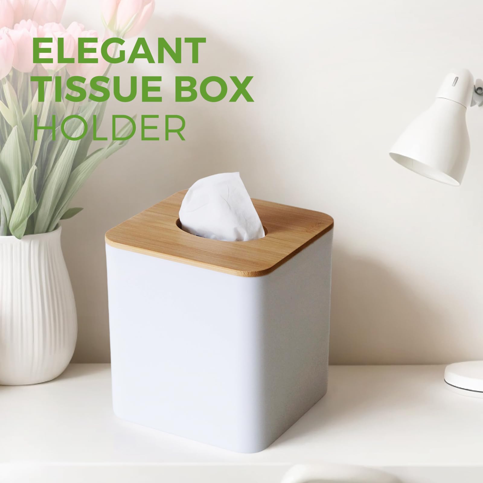 Tissue Box Cover Square, White Tissue Box Holder with Bamboo Cover Plate, Cube Tissue Box Cover for Desk Accessories, Tissue Holders Decorative Square Tissue Box Tissue Holders for Bathrooms Bedrooms