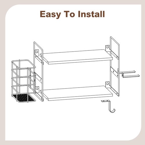 3-in-1 Wall Mounted Hair Dryer Holder with 2 Tier Shelves & Detachable Basket, Space Saving Organizer for Bathroom, Kitchen, Bedroom, Rust-Resistant, Easy Install (Rustic Brown)
