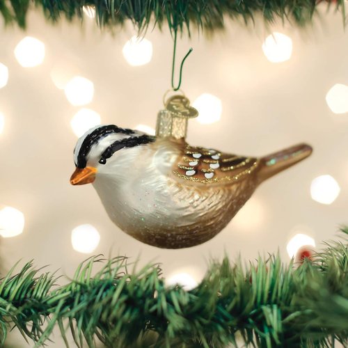 Old World Christmas White-Crowned Sparrow Glass Blown Ornament for Christmas Tree, Handcrafted Holiday Decoration, Bird Watcher Collection