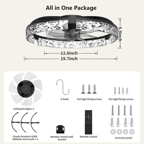 Aphyni Ceiling Fans with Lights and Remote, Crystal-Edged Modern Flush Mount LED Fan Light, 6 Wind Speeds Low Profile Fandelier Ceiling Fan with Light for Bedroom, 3000-6500K Dimmable (19.7" Black)