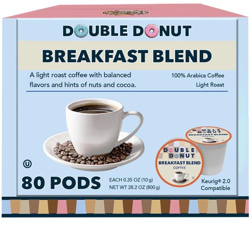 Double Donut Coffee - Breakfast Blend Light Roast Coffee Pods | 80 Recyclable Single-Serve Pods for Keurig
