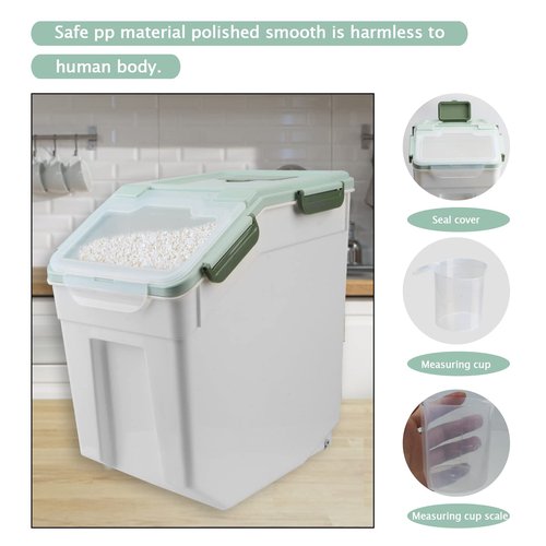 AnRui Airtight Flour Storage Container 25lb, Plastic Grain Storage Bucket, Rice Cereal Dispenser Organizer Box with Lid, Cat Dog Food Storage Bin with Measuring Cup, Scoop, Wheels, 2Pcs Green