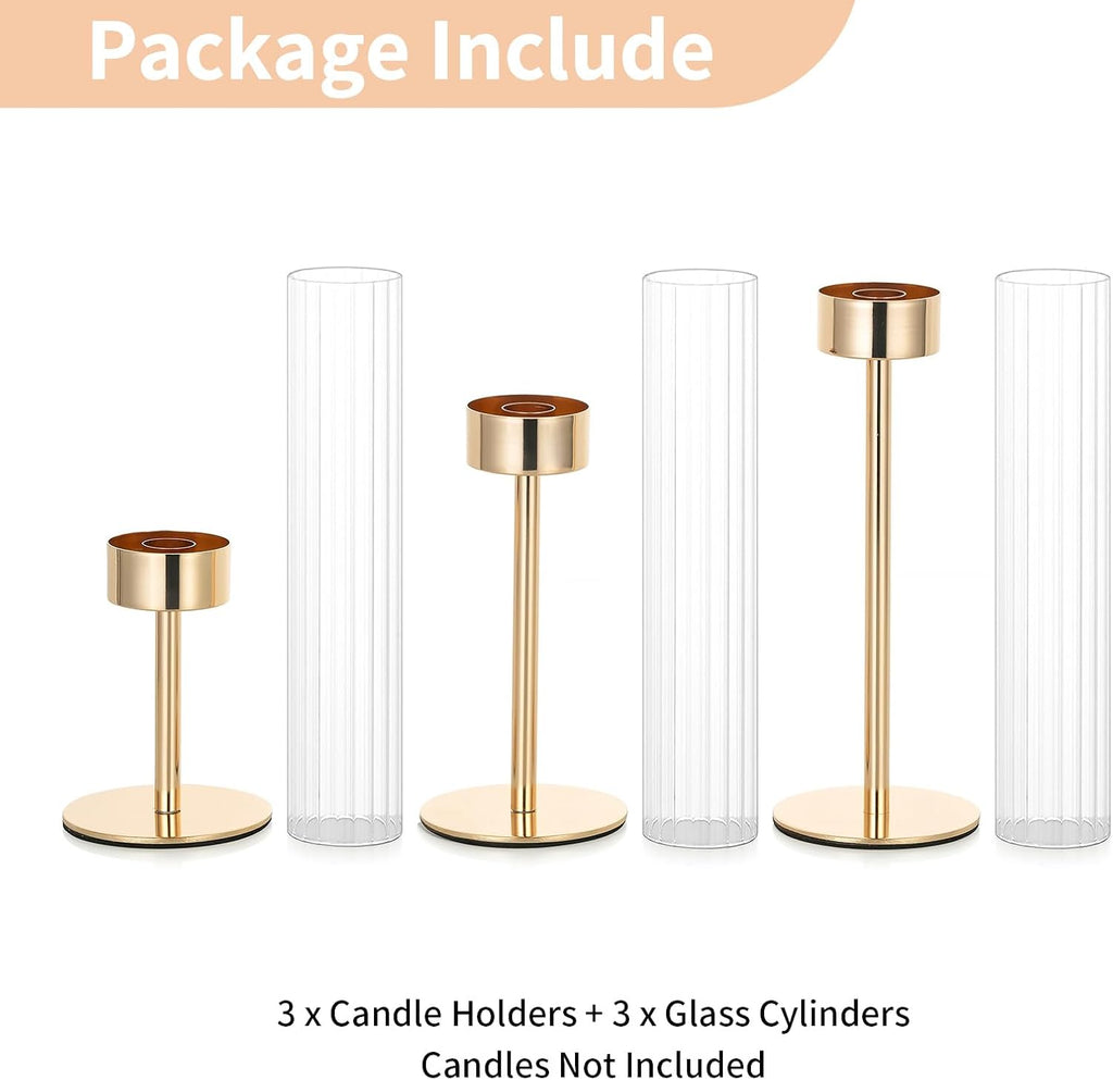 NUPTIO Tall Candlestick Holders - Elegant Hurricane Candle Holders with Ribbed Glass Sleeve | Set of 3 Gold Metal for Table & Fireplace Decor