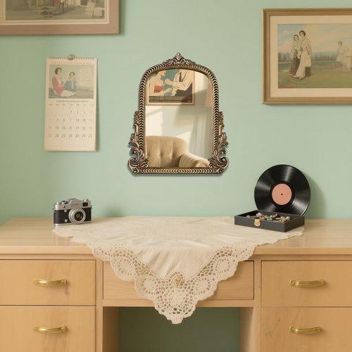 LuHeToz Antique Arched Mirror for Vanity with Resin Frame -Small Size (9.5 x 11.6 inch) Standing Mirror for Living Room, Bedroom, Tabletop-Vintage Gold