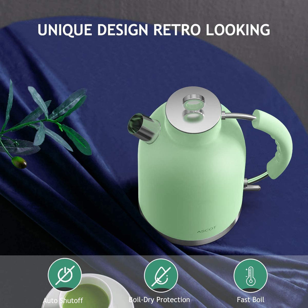 ASCOT Electric Kettle, Stainless Steel Tea Boiler 1.6qt 1500W Retro Tea Heater & Boiling Kettle, Auto Shut-Off and Boil-Dry Protection(Matte Green)