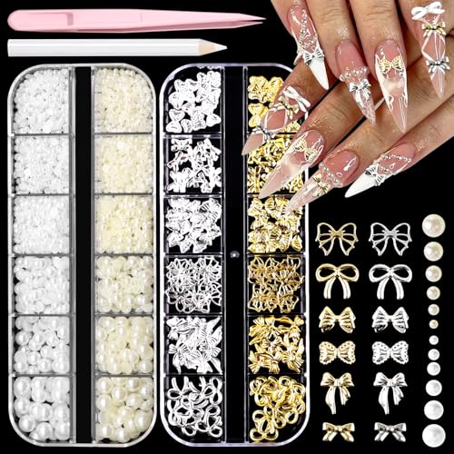 BELICEY 3D Gold Silver Bow Nail Charms & Flatback Pearls Set