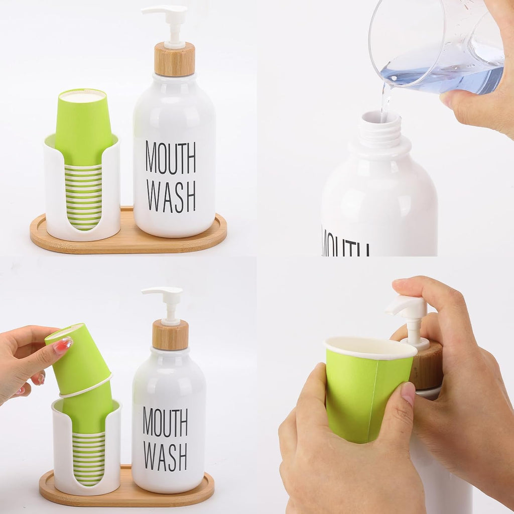 Skiennix Mouthwash Dispenser - Refillable 17oz Pump Bottle with Cup Holder & Tray for Bathroom Organization