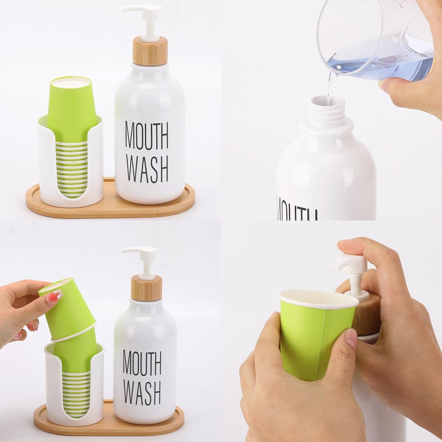 Skiennix Mouthwash Dispenser - Refillable 17oz Pump Bottle with Cup Holder & Tray for Bathroom Organization